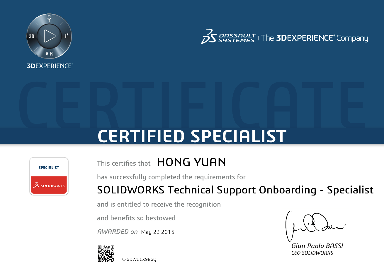 SOLIDOWRKS技術支持專家(jiā)證書